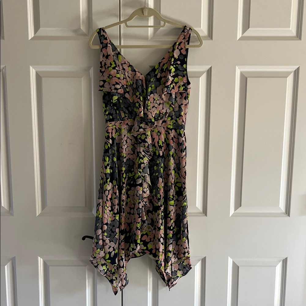 BCBGMaxAzria Pink, Blue & Green Floral Handkerchief Hem Dress